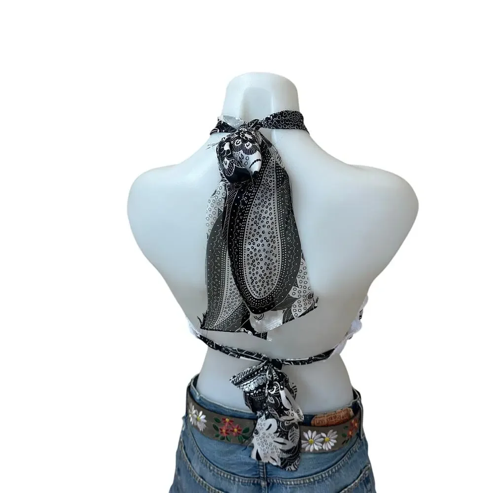 Bandana Halter Top Crop One Size Festival Western White Handcrafted Unique NEW - Picture 5 of 6
